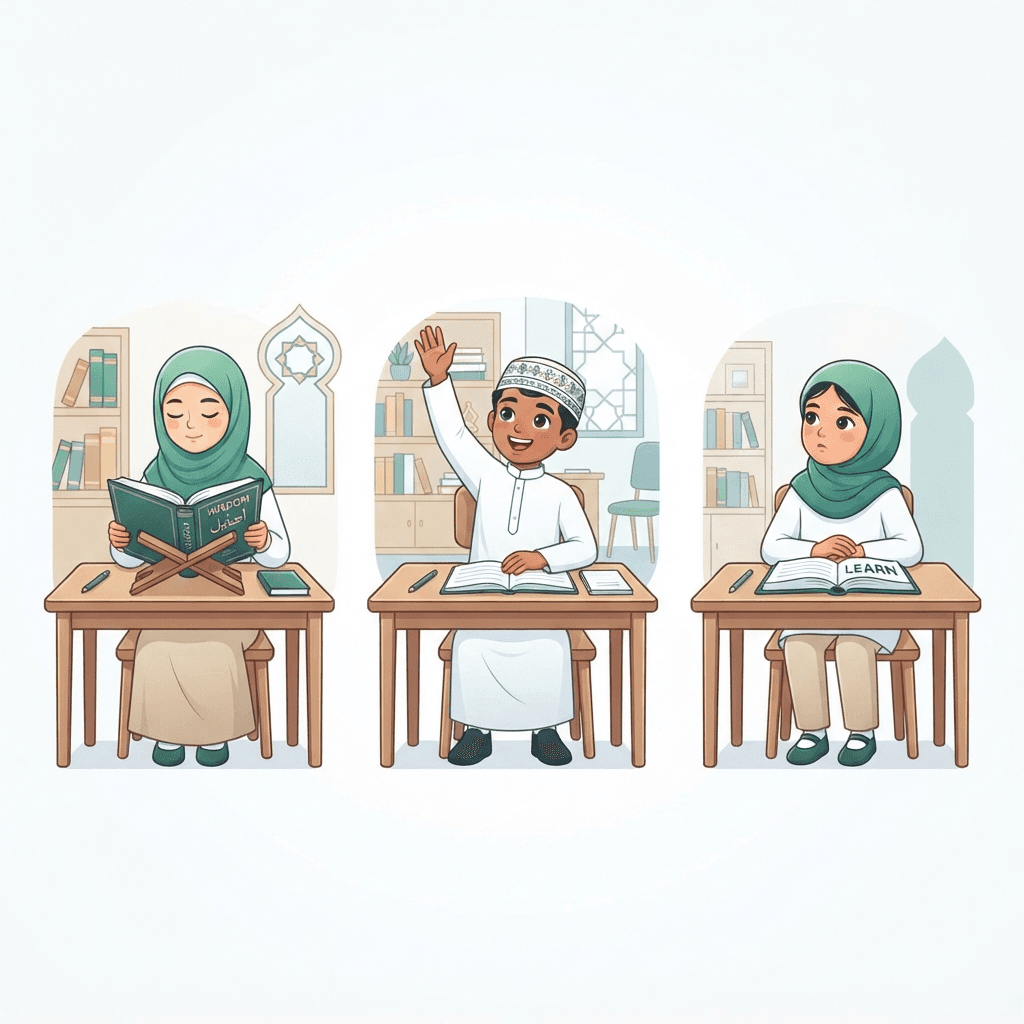 Three students learning Quran at their own desks — reading independently, answering a question, and practising with focus